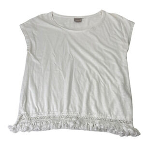 Chico's White Ruffled Short Sleeve Tee with Fringe